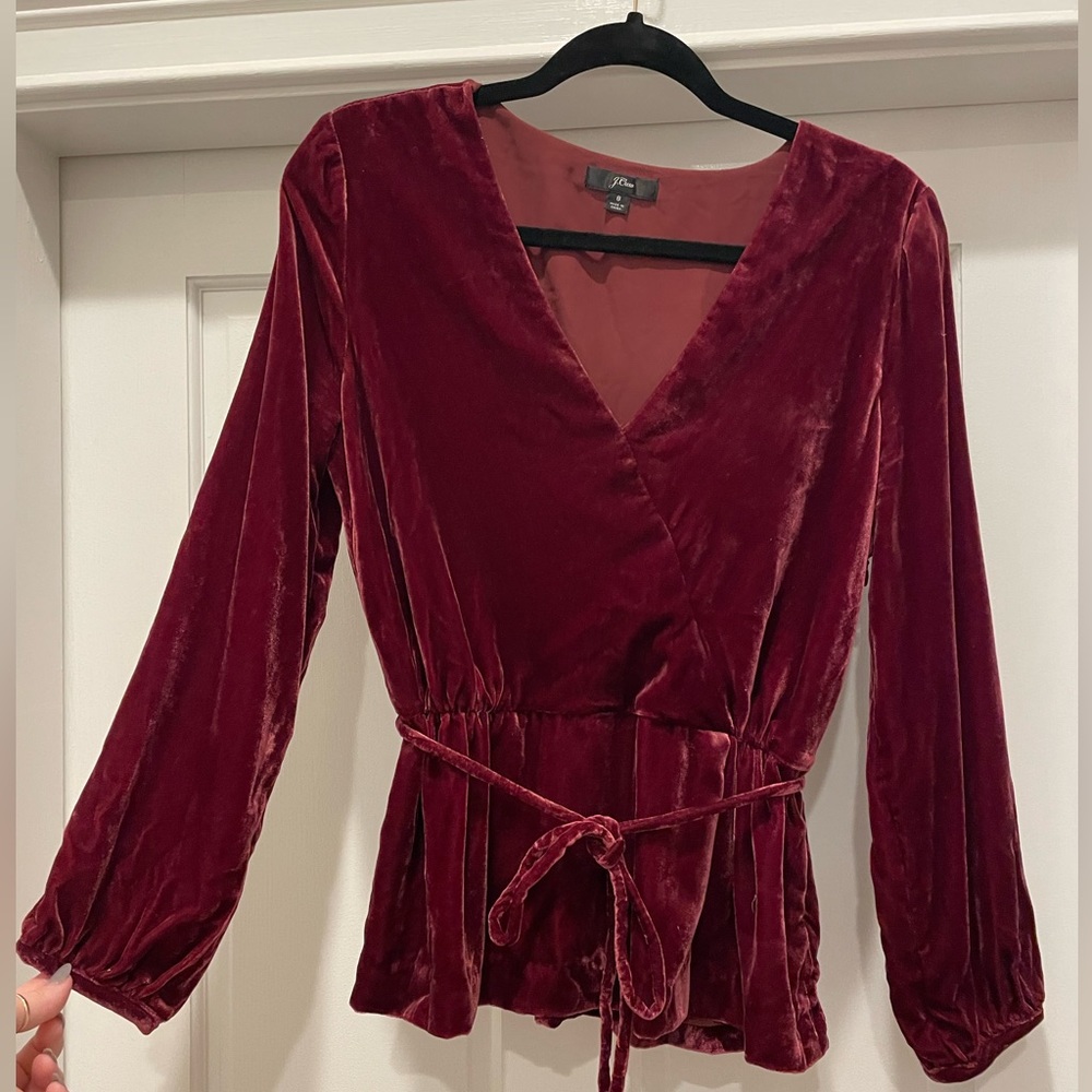 J. Crew Maroon V-Neck Velvet Faux Wrap Long Sleeve Top. Size 8